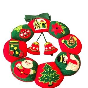 VTG Cross-Stitch Holiday Christmas Stuffed Wreath Red Santa Tree Snowman 1970’s